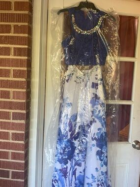 Masquerade Two-Piece Blue and White Floral Prom Dress